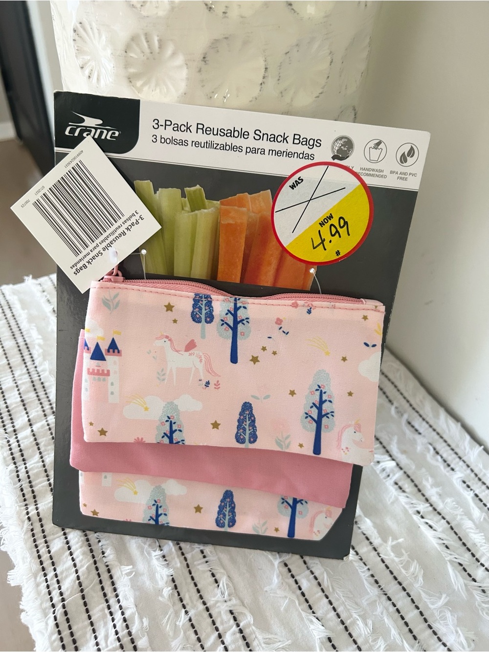 ⭐️ NEW Crane Reusable Snack Bags Set of 3 Unicorn Castle Pink Pattern